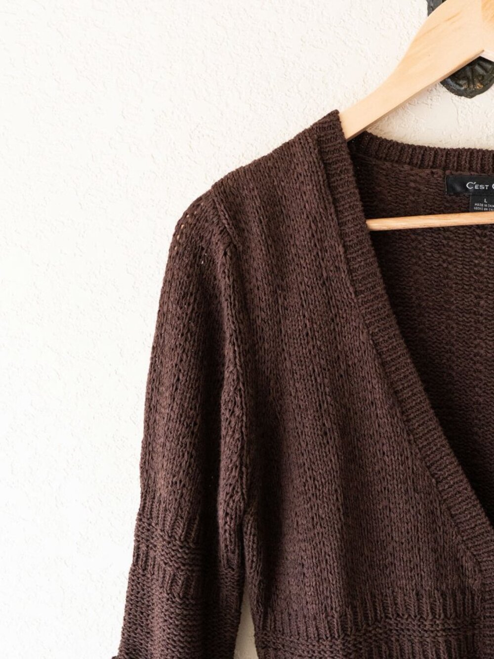 C'est City Cardigan Womens L Chocolate Brown Ruffle Knit Short Sleeve Boho Y2K - Picture 4 of 14